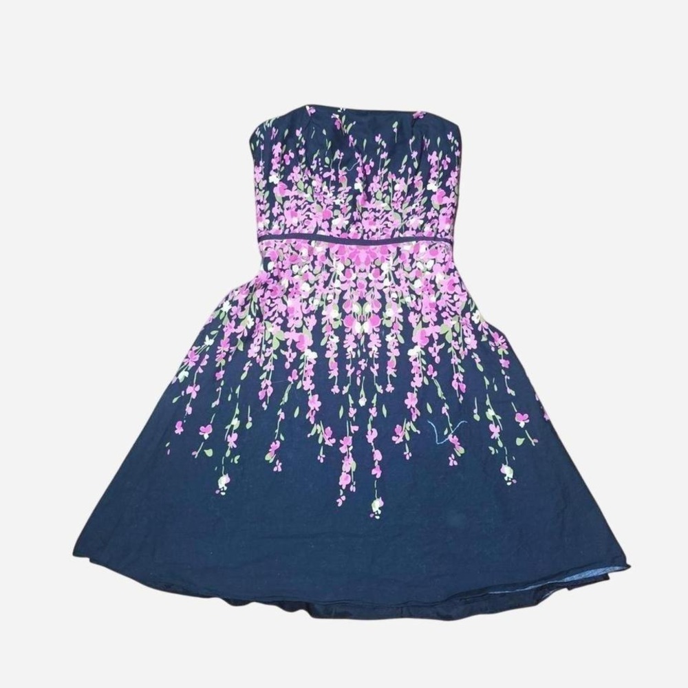 Strapless Floral Fit and Flare‎ Dress Black Pink Green Knee Length Summer Party